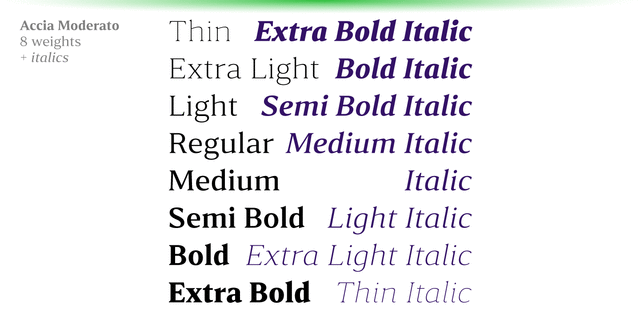Accia Moderato (16 font styles) Fonts for Web & Desktop on Rentafont