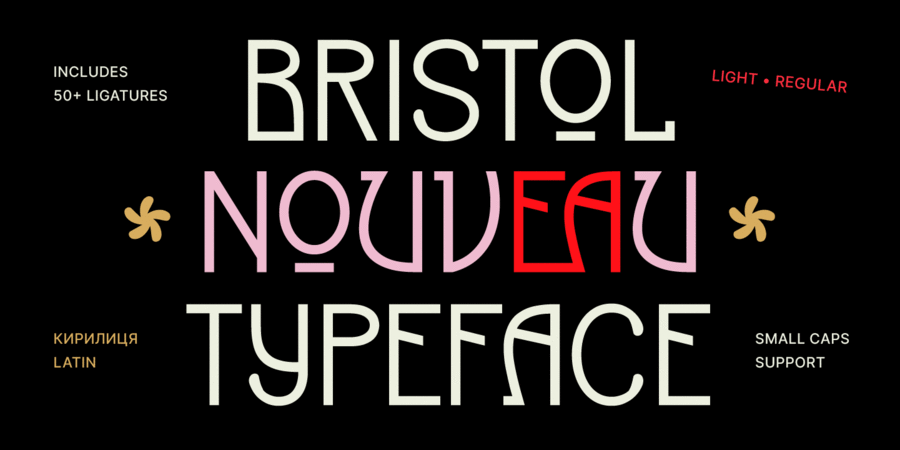 1 of 10 font specimen display typeface Bristol Nouveau from Anastasiia Oliinyk, with Cyrillic and Latin